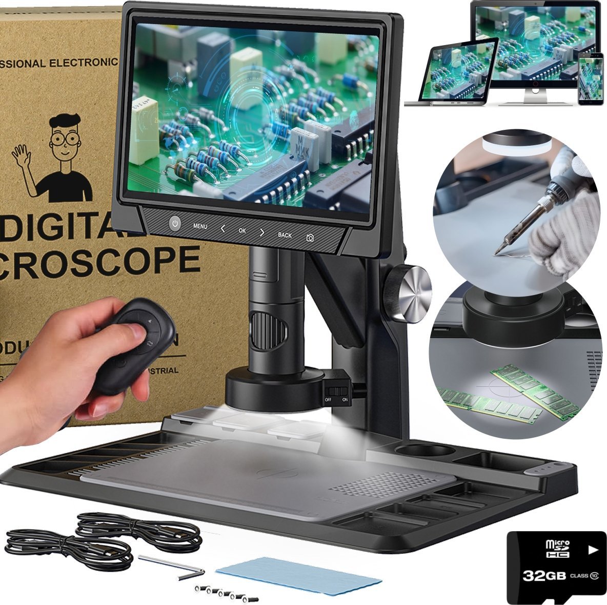 MIKROSKOP CYFROWY POWIĘKSZENIE 1600x 12MP 28 LED EKRAN HD IPS 10" 32GB SD