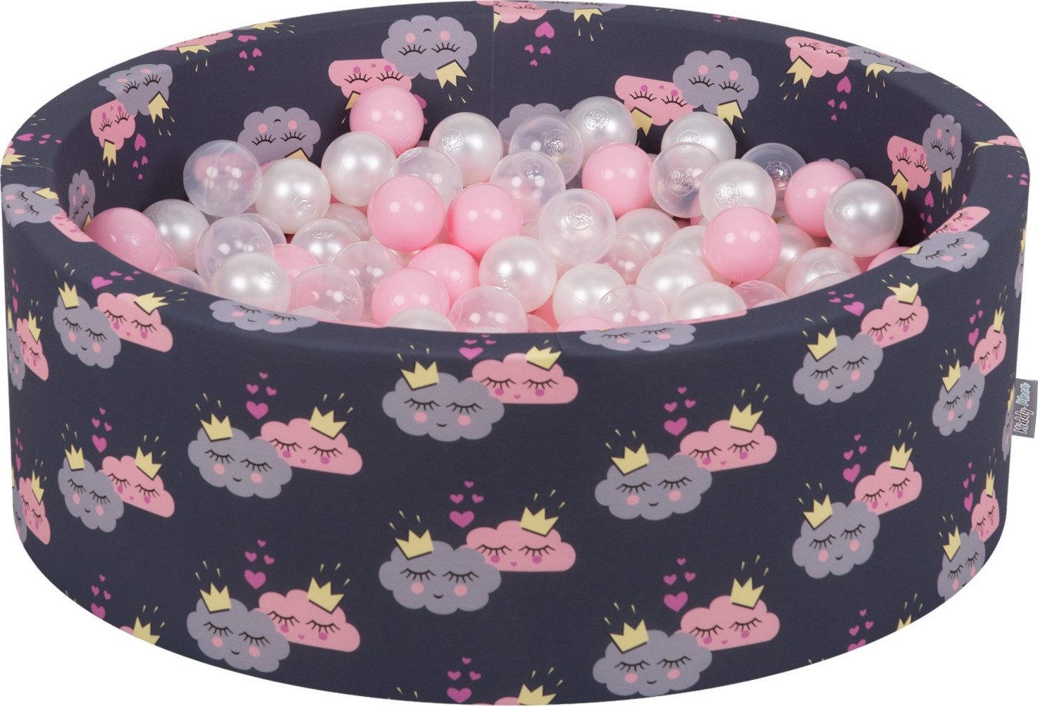 KiddyMoon KiddyMoon Suchy basen okrągły z piłeczkami 7cm chmurki-granat: pudrowy róż-perła-transparent 90x30cm/300piłek Zabawka basen piankowy