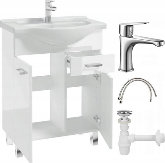 Szafka łazienkowa stojąca z umywalką baterią i syfonem 55cm biały połysk