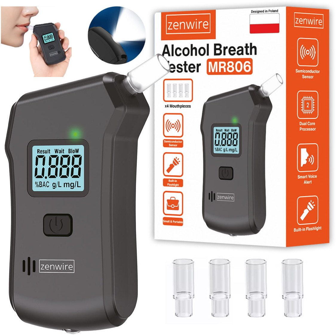 Alkomat Policyjny Profesjonalny Cyfrowy Alkotest Domowy Latarka 5x Ustnik