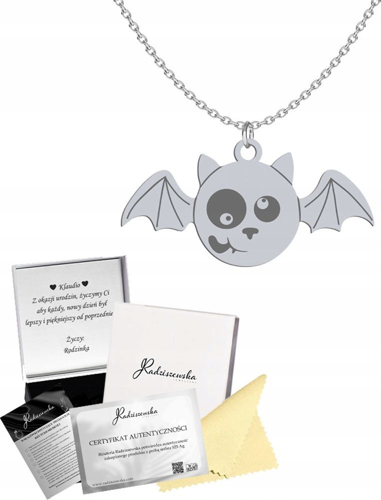 Radziszewska Jewellery Naszyjnik Srebrny z Nietoperzem Halloween Łańcuszek 925 Prezent ŻYCZENIA