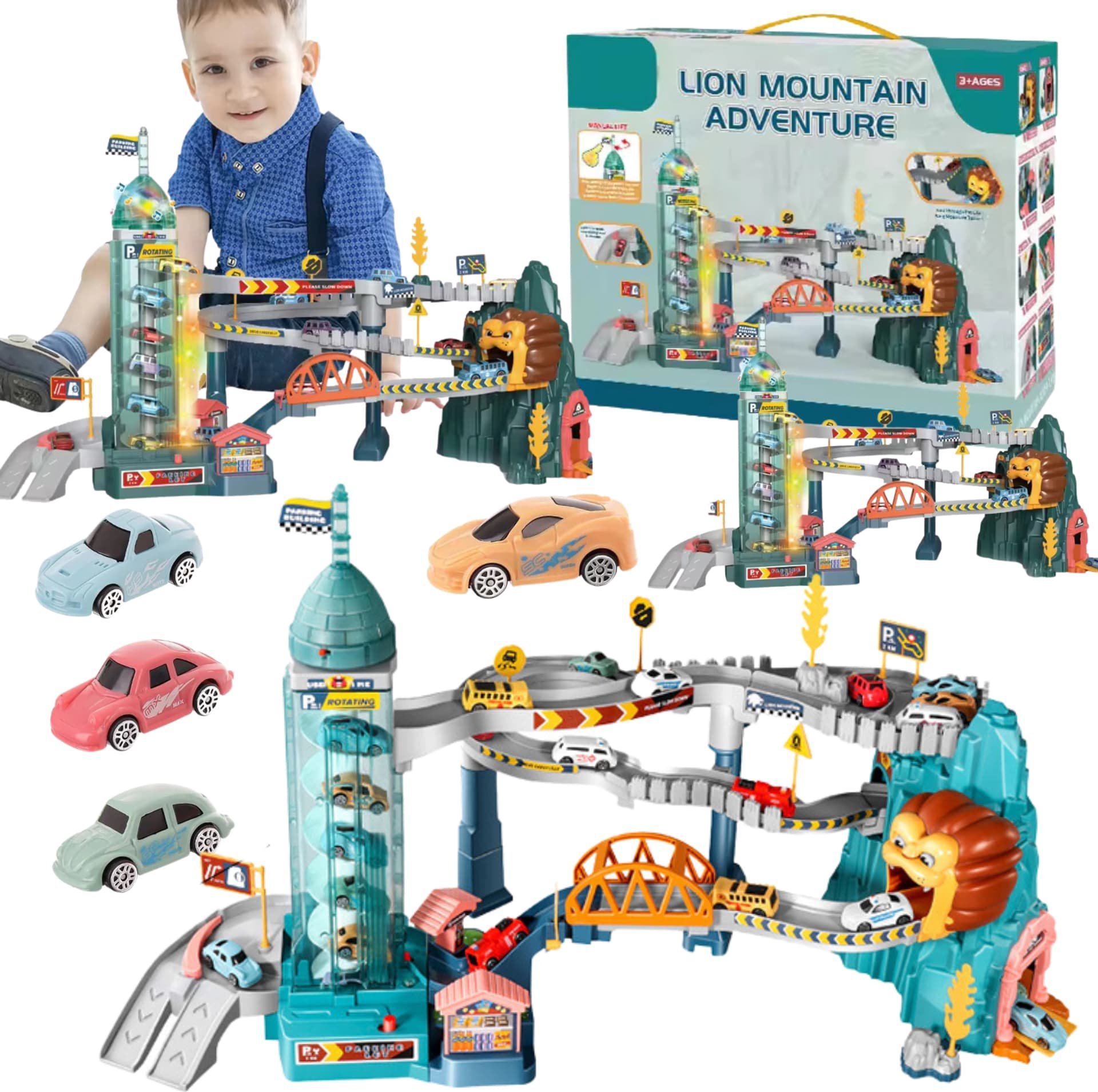 ProNice Tor Samochodowy Zjeżdżalnia Most Winda Efekty Świetlne Dźwiękowe Zestaw Lew