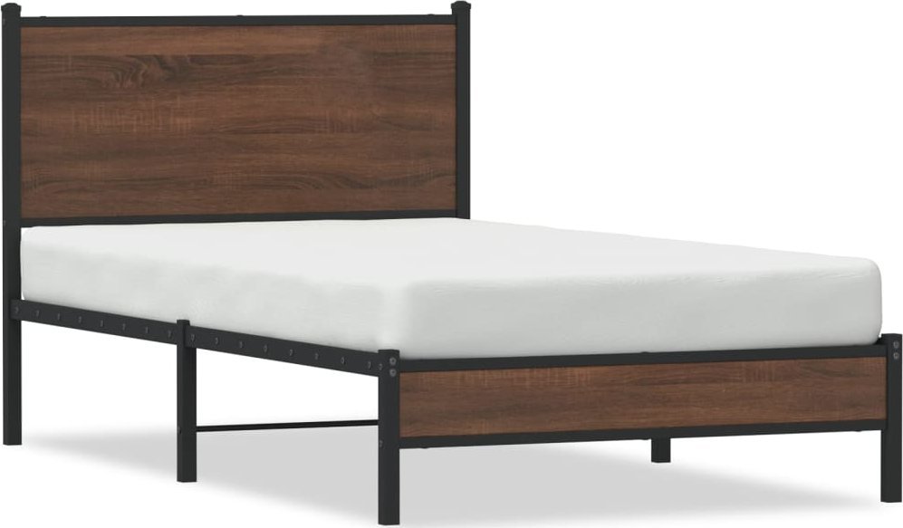 vidaXL Metalowa rama łóżka z wezgłowiem, brązowy dąb, 100x200 cm