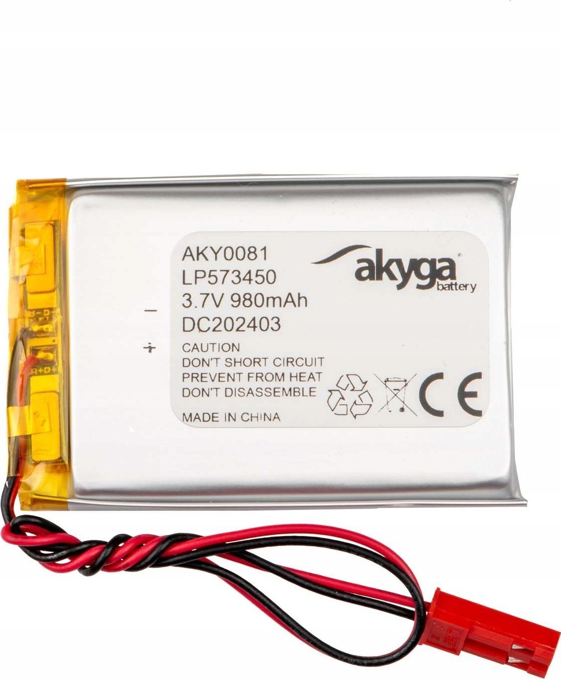 Akumulator Li-Po LP573450 Akyga AKY0081 3.7V / 980mAh PCM złącze JST 2-Pin 150mm