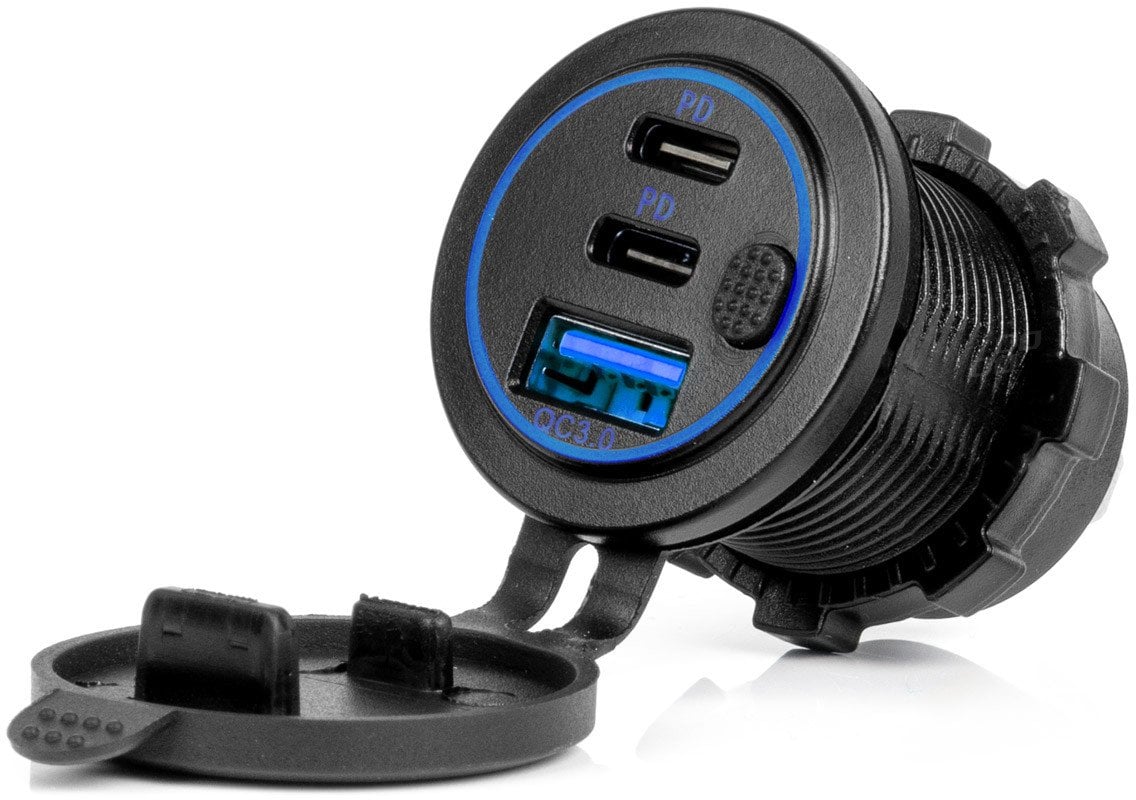 Ładowarka samochodowa z gniazdami usb wodoodporna z włącznikiem usb + 2x usb-c qc3.0 12v 24v amio-04596