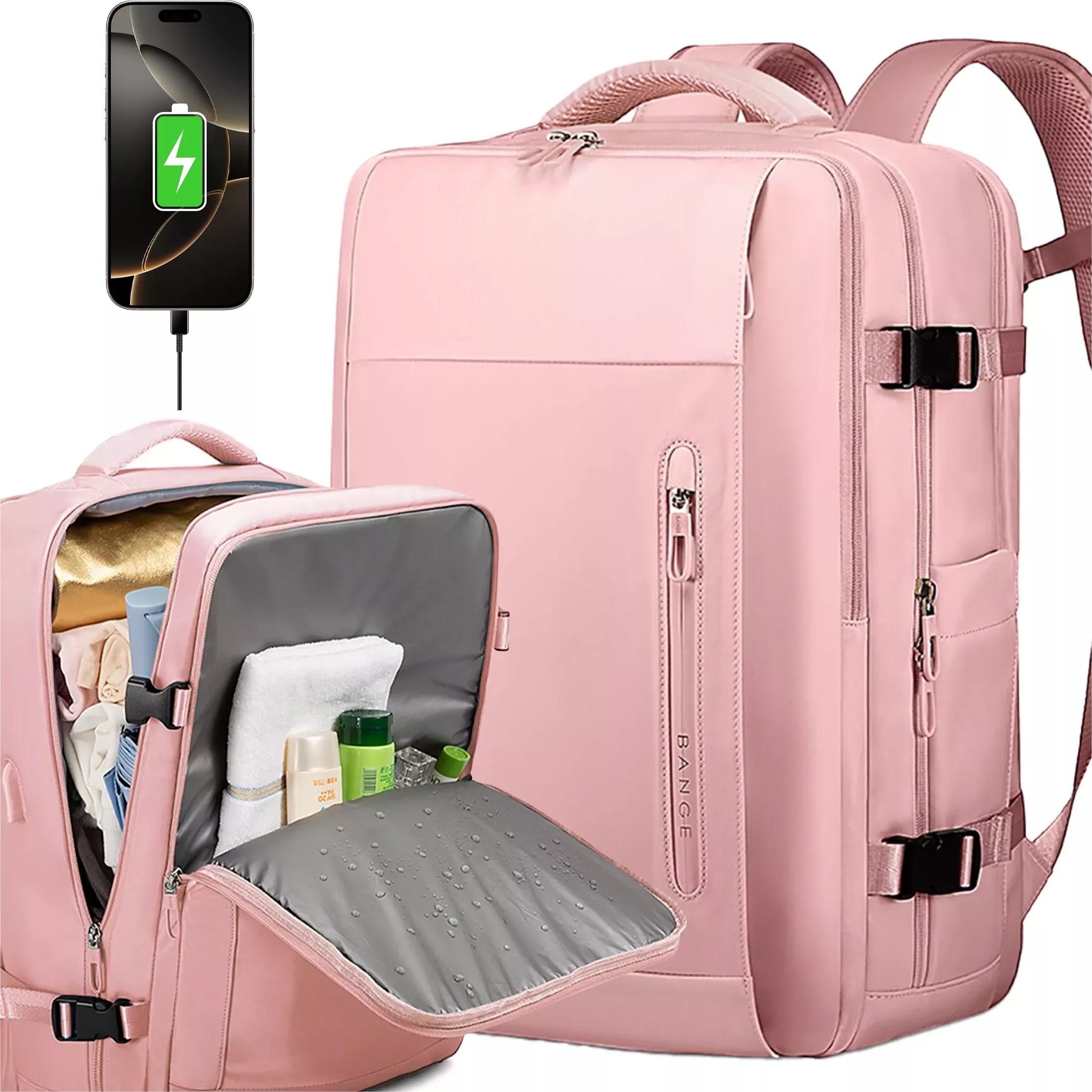 Plecak wodoodporny Bange na laptopa 15.6" miejski podróżny 46x31.5x20 cm do pracy samolotu damski z z gniazdem USB Różowy