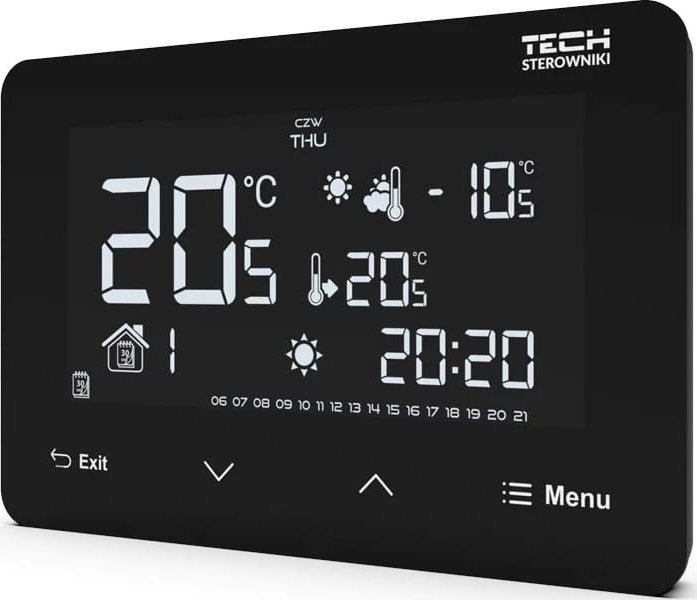 Tech Przewodowy regulator ST-293z v3 czarny, pokojowy dwustanowy zasilany 230V szklany podtynkowy