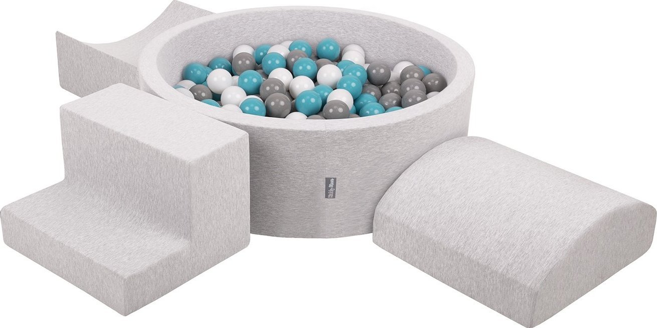 KiddyMoon KiddyMoon Piankowy plac zabaw PPZP-OK30D-134 z piłeczkami jasnoszary: szary-biały-turkus basen 200/rampa L/półwałek L/schodek Zabawka plac z