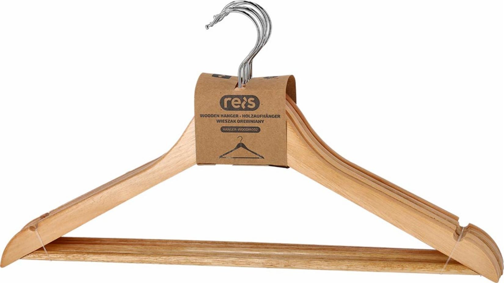 Reis HANGER-WOODM002 - Wieszak drewniany z poprzeczką chromowany uchwyt nacięcia na ramionach szerokość poprzeczki 44,5 cm.