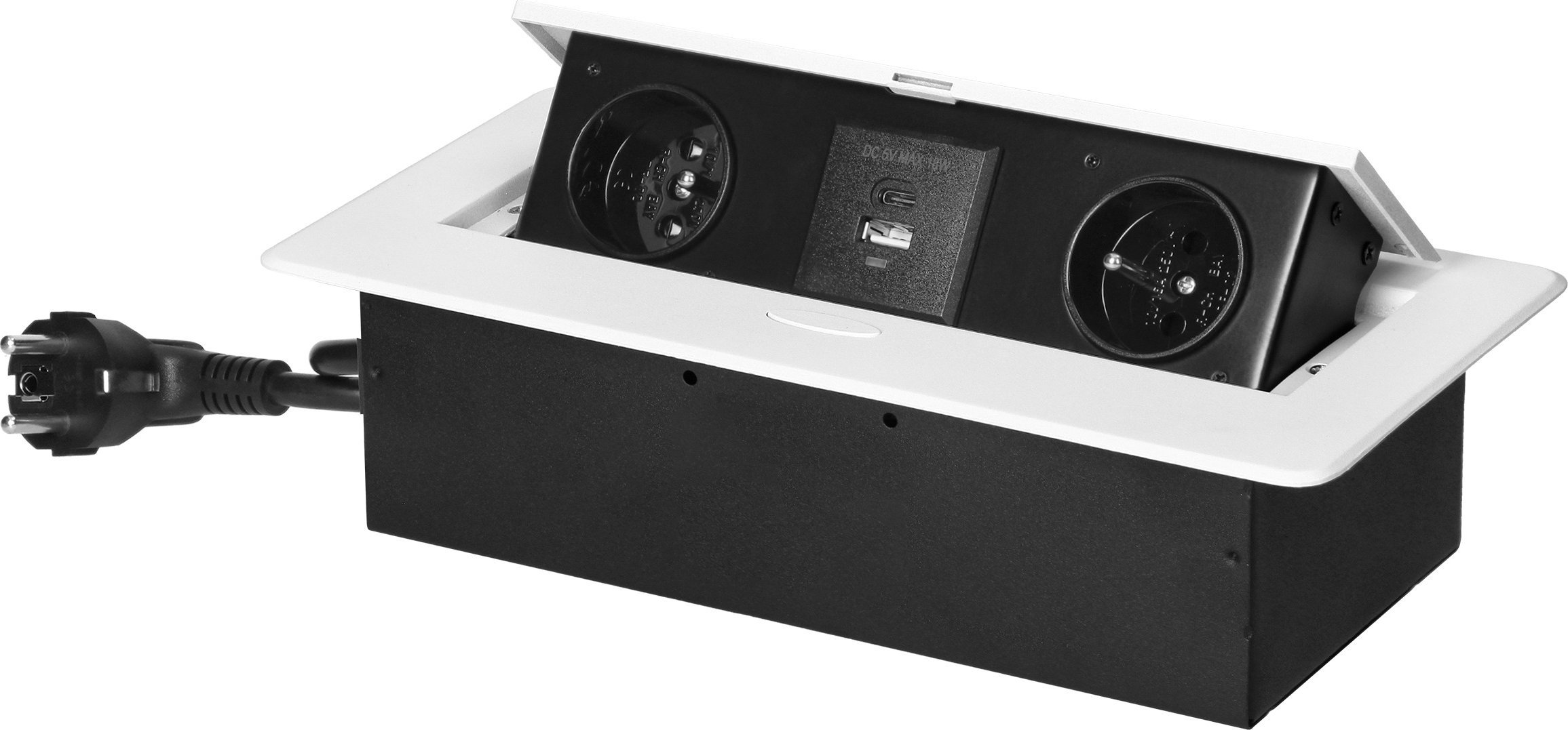 Orno Gniazda meblowe wpuszczane w blat z płaskim frezowanym rantem, ładowarką USB i przewodem 1,5m, 2x2P+Z, 2xUSB (typ A+C; 3,6A), białe