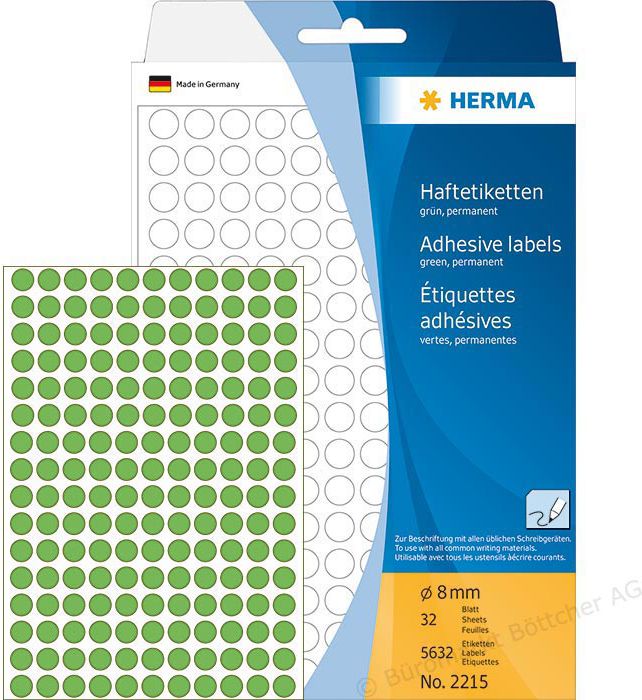 Herma Etykiety samoprzylepne, zielone, 8 mm, okrągłe 5632 Szt. - 2215