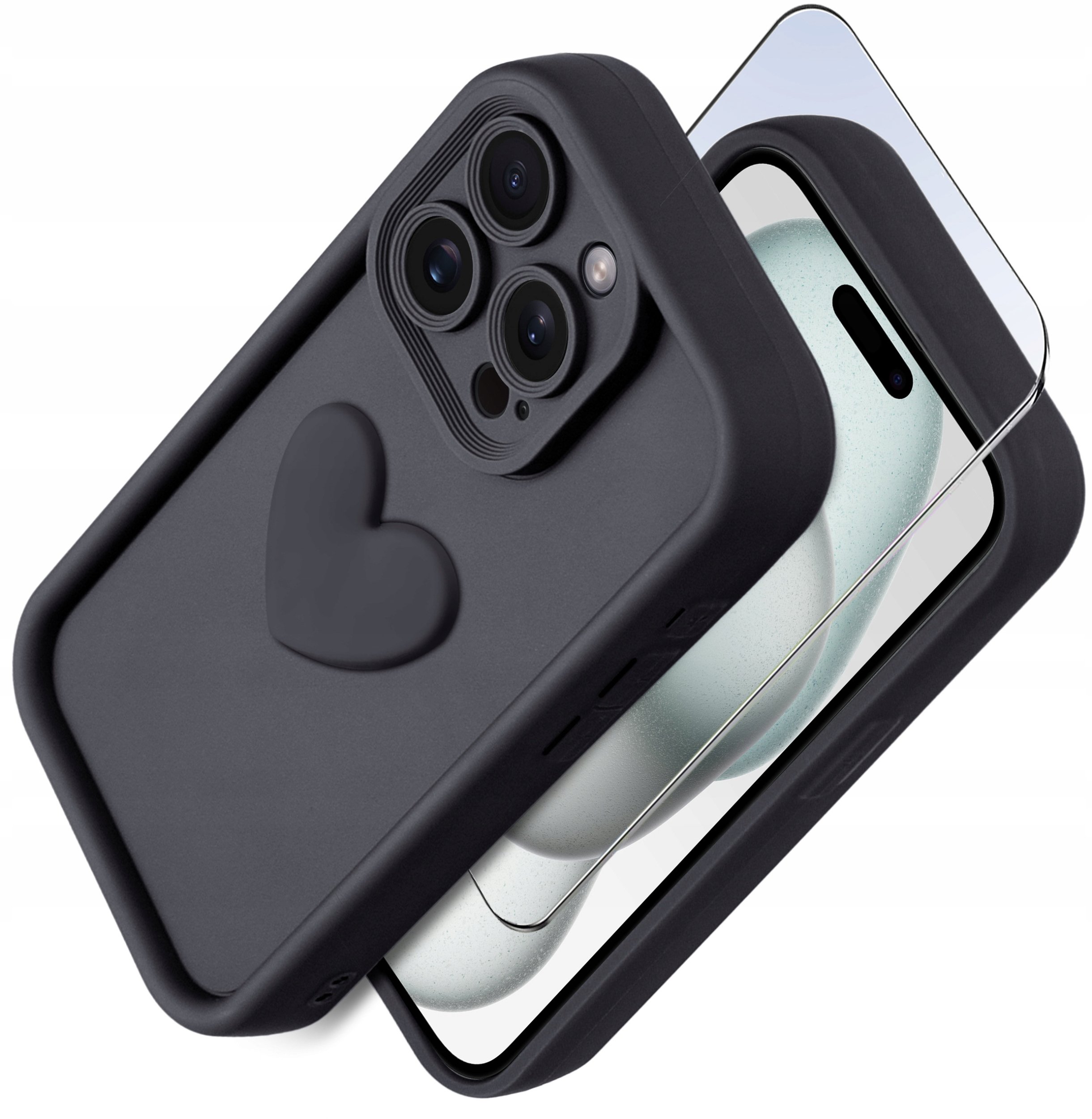 Etui do iPhone 15 Pro silikonowe MATOWE serce + Szkło ochronne na ekran 9H
