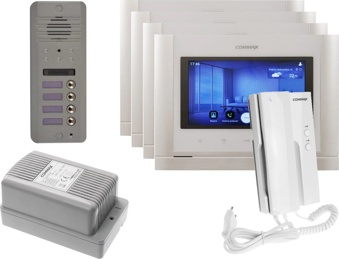 Commax Zestaw wideodomofonowy z czterema monitorami 7", unifonem i kamera natynkowa