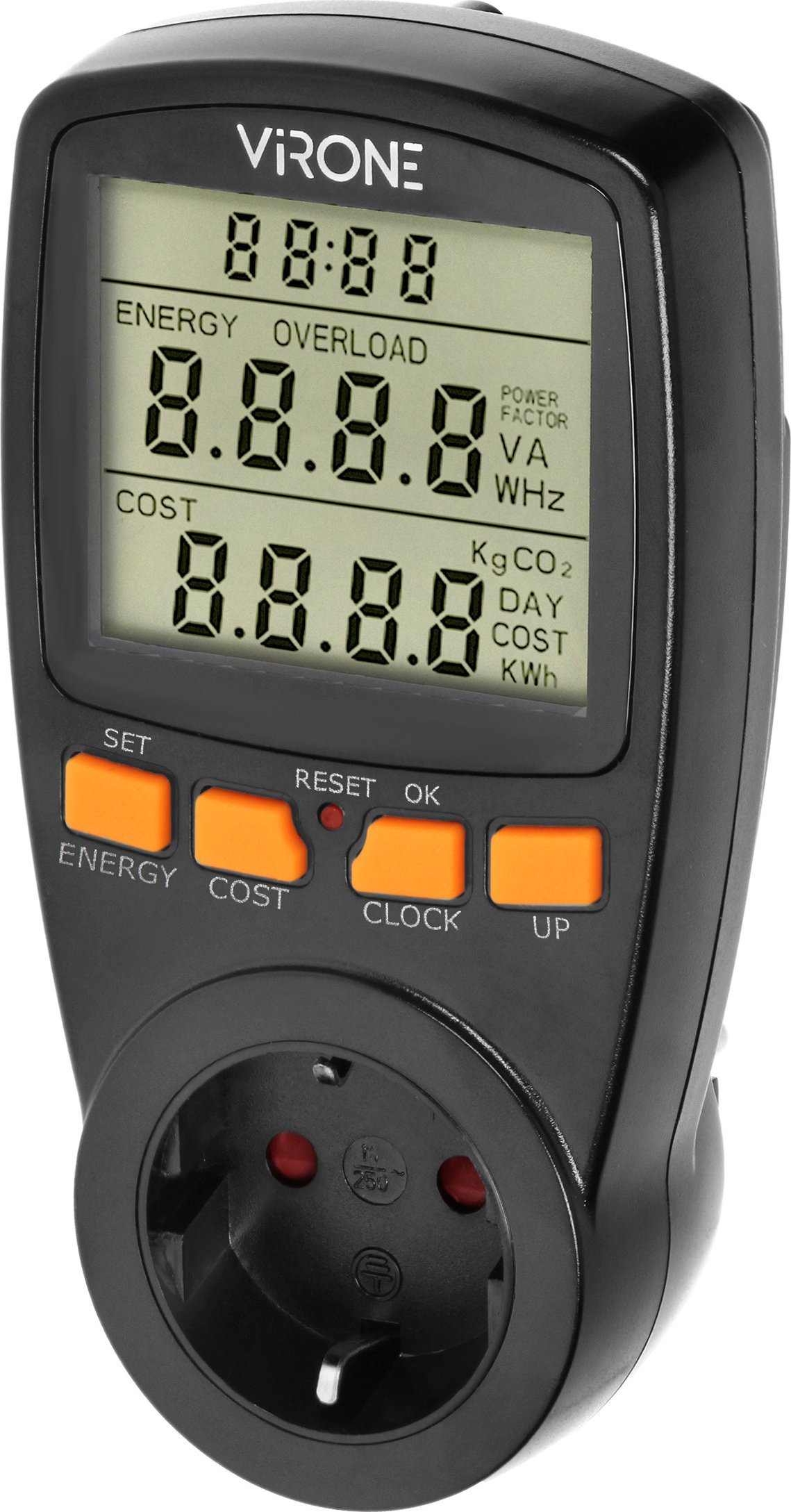 Orno Dwutaryfowy watomierz, kalkulator energii z wyświetlaczem LCD, 2 oddzielne taryfy, wewnętrzny akumulator, wersja Schuko, czarny