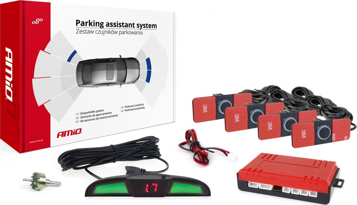 AMiO Zestaw czujników parkowania cofania led cob 4 sensory czarne wewnętrzne 16,5mm