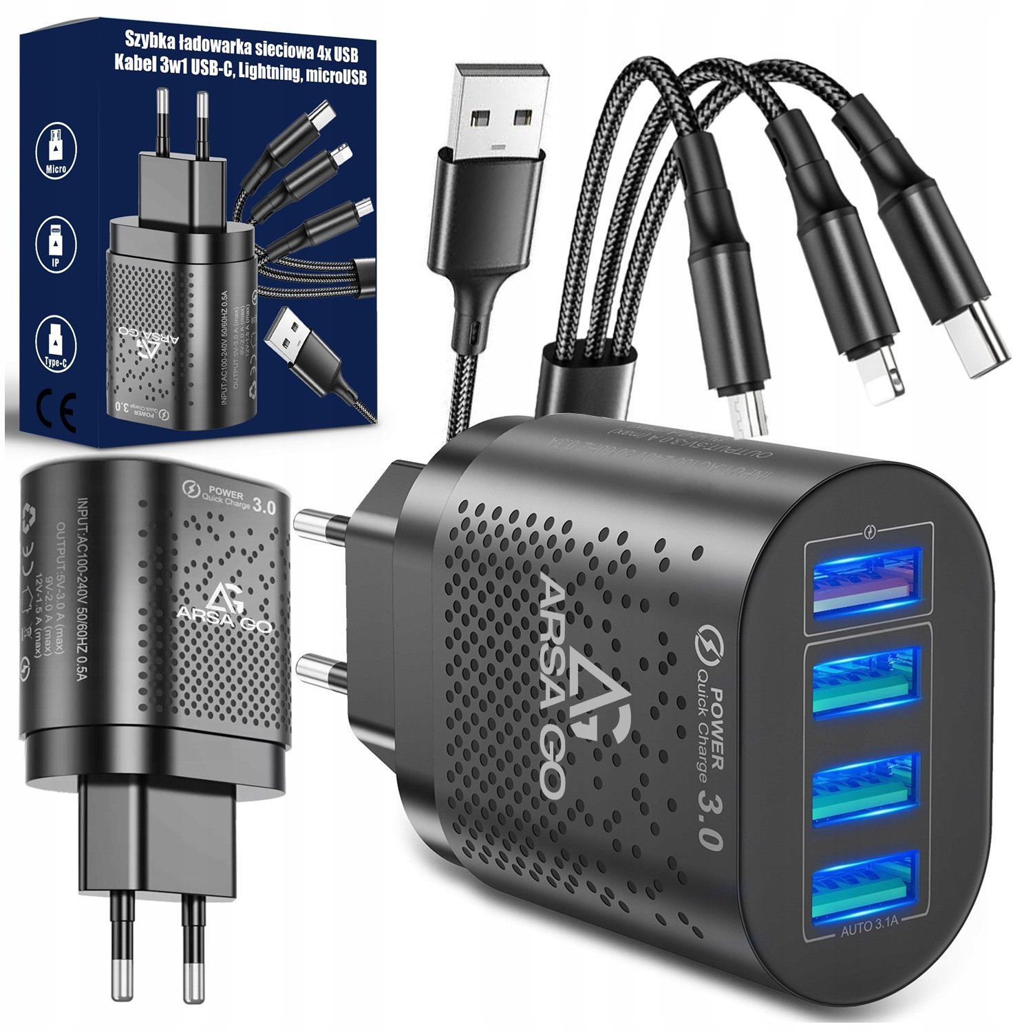 SZYBKA ŁADOWARKA DO TELEFONU KOSTKA 4X USB SZYBKIE ŁADOWANIE I KABEL 3W1