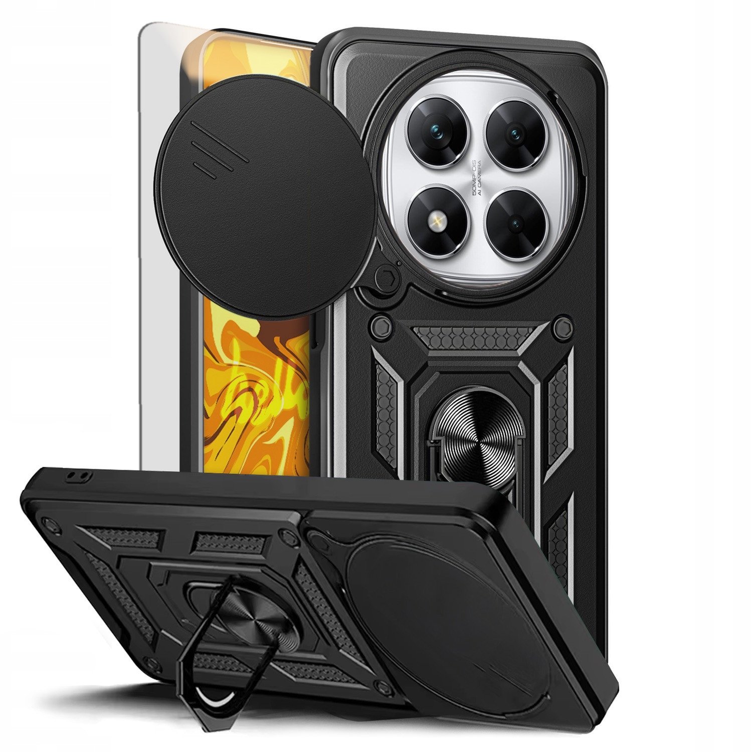 ETUI PANCERNE DO XIAOMI POCO X7 5G CZARNE ARMOR HOLDER RING CASE SZKŁO 9H