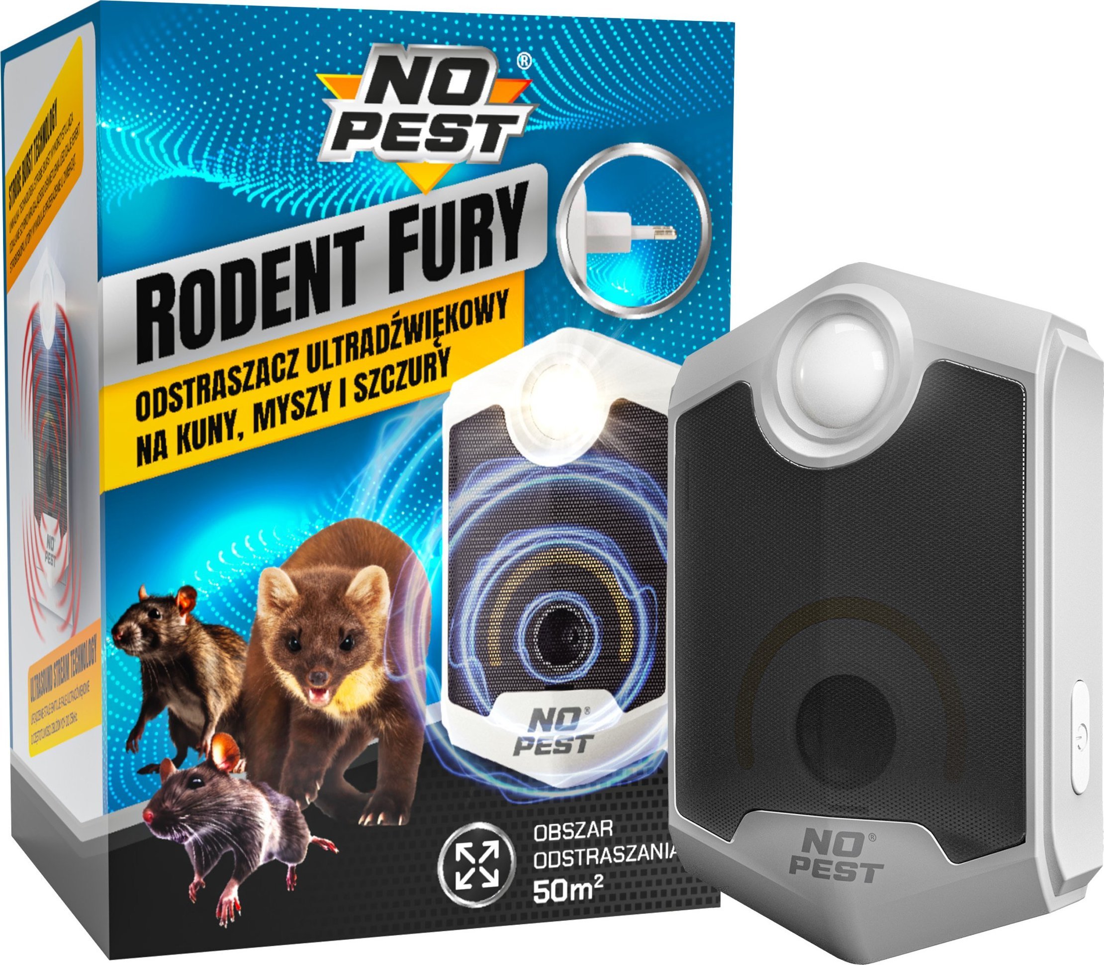 Ultradźwiękowy Odstraszacz Kun Szczurów Myszy Gryzoni do Kontaktu Gniazdka "Rodent Fury"