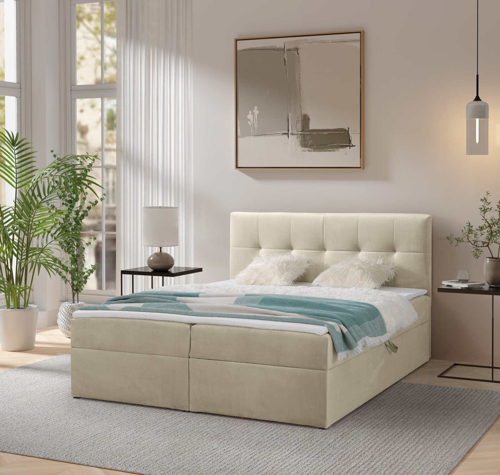 Łóżko kontynentalne Toronto 140200 (Amor Velvet 4323 - Śmietankowy) z materacem bonell i topperem