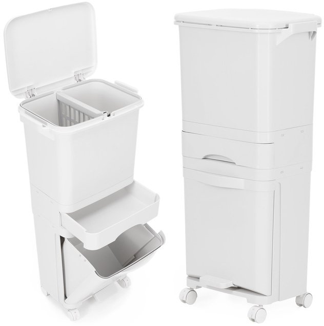 Kosz na śmieci, trzykomorowy 42 l do segregacji odpadów, na kółkach, biały UNIWERSALNY