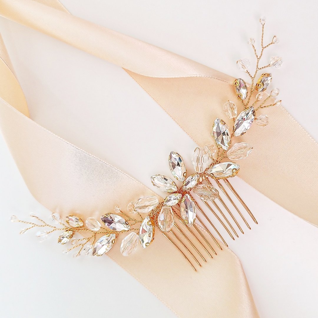 KOKONET Grzebyk złoty do włosów z kryształkami cyrkoniami elegancki elastyczny szeroki