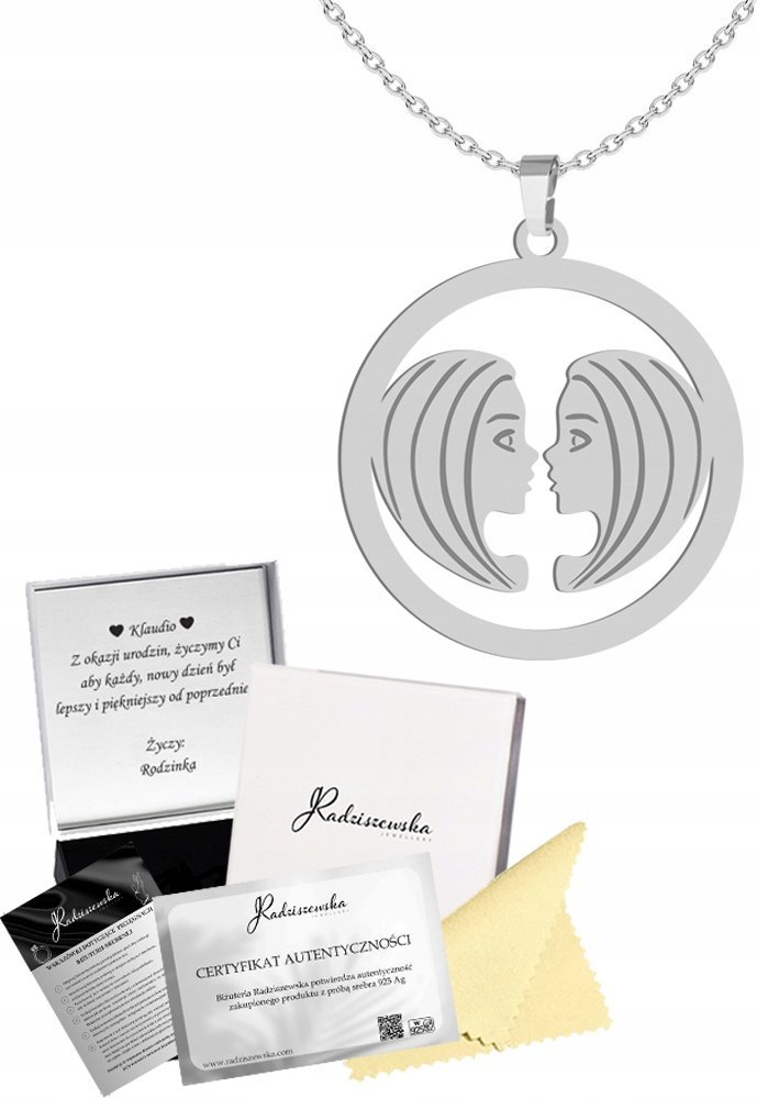 Radziszewska Jewellery Naszyjnik Srebrny Znak Zodiaku Bliźnięta 925 Łańcuszek Prezent GRAWER