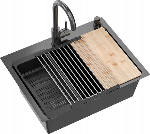 Zlewozmywak QUADRON LUKE 110 WORKSTATION zlewozmywak black metal (58x45x20) z syfonem 1-komorowy b/o + Qmata + Wkładka + Dozownik + Deska + bateria ze