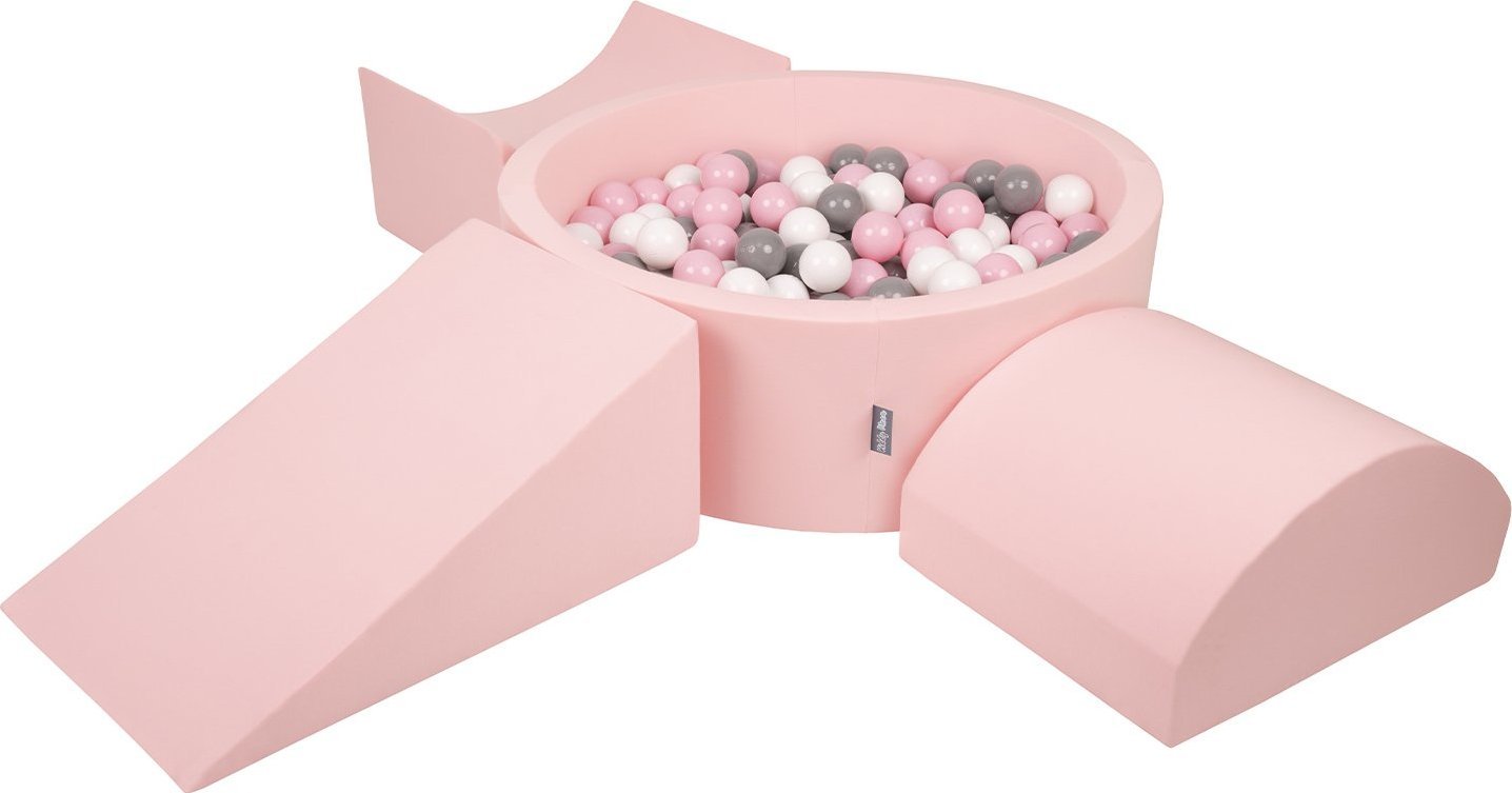 KiddyMoon KiddyMoon Piankowy plac zabaw PPZP-OK30D-114 z piłeczkami różowy: biały-szary-pudrowy róż basen 200/klin L/rampa L/półwałek L Zabawka plac z