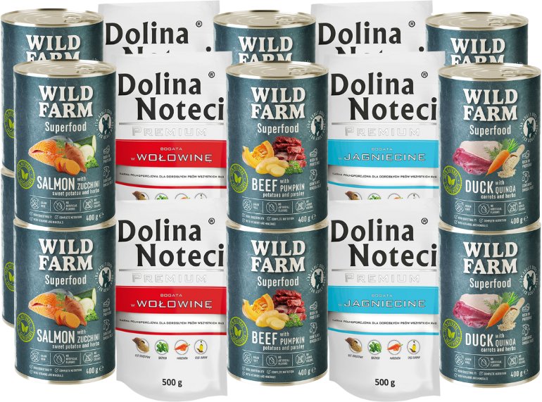 Dolina Noteci 8x500g + WILD FARM Superfood 12x400g Mix Smaków