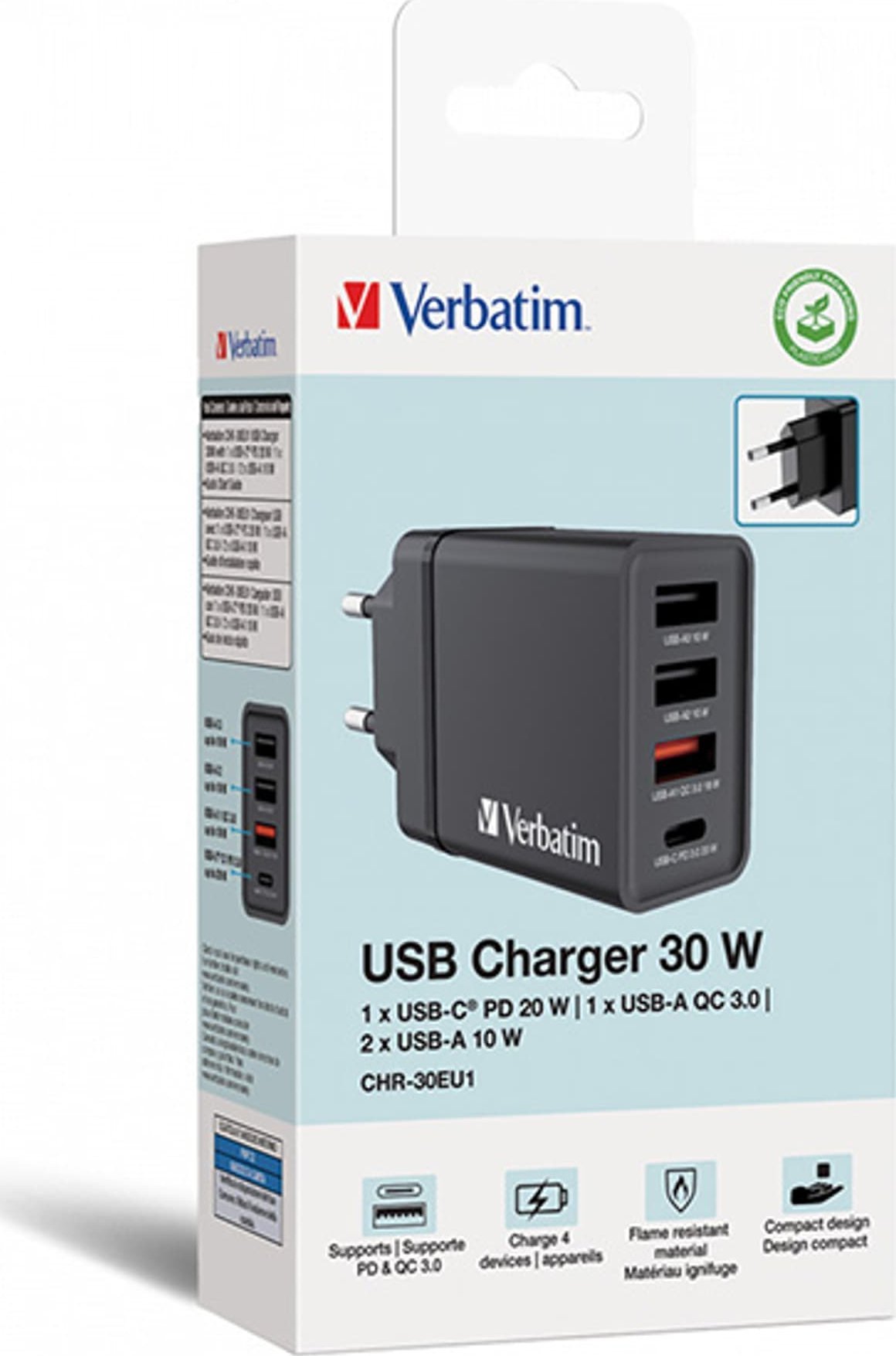 Ładowarka Verbatim Ładowarka sieciowa Verbatim 1xUSB-C PD 20W 1xUSB-A QC 3.0 2xUSB-A 10W UE czarna