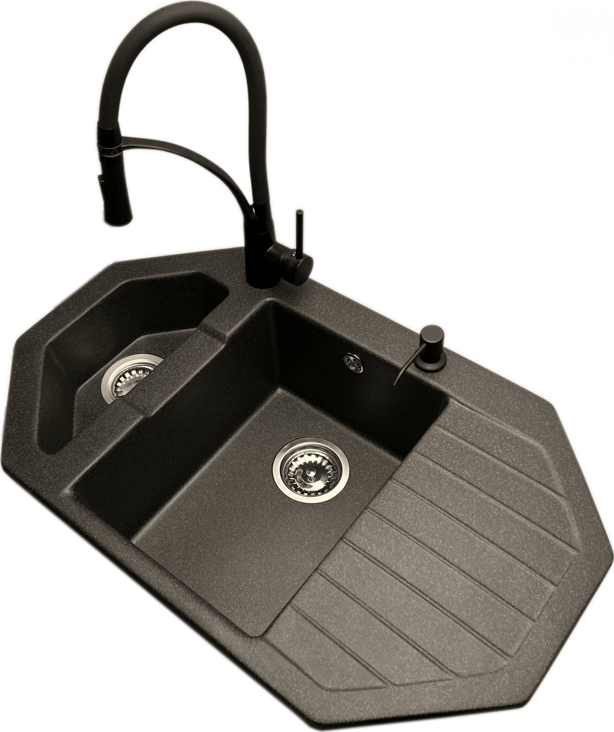 Zlewozmywak PREHNIT Zlewozmywak narożny ANTILA grafit + bateria NEXO + dozownik