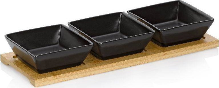 Kela Zestaw 3 kwadratowych porcelanowych miseczek na bambusowej podkładce 33,5x12x5 cm czarne