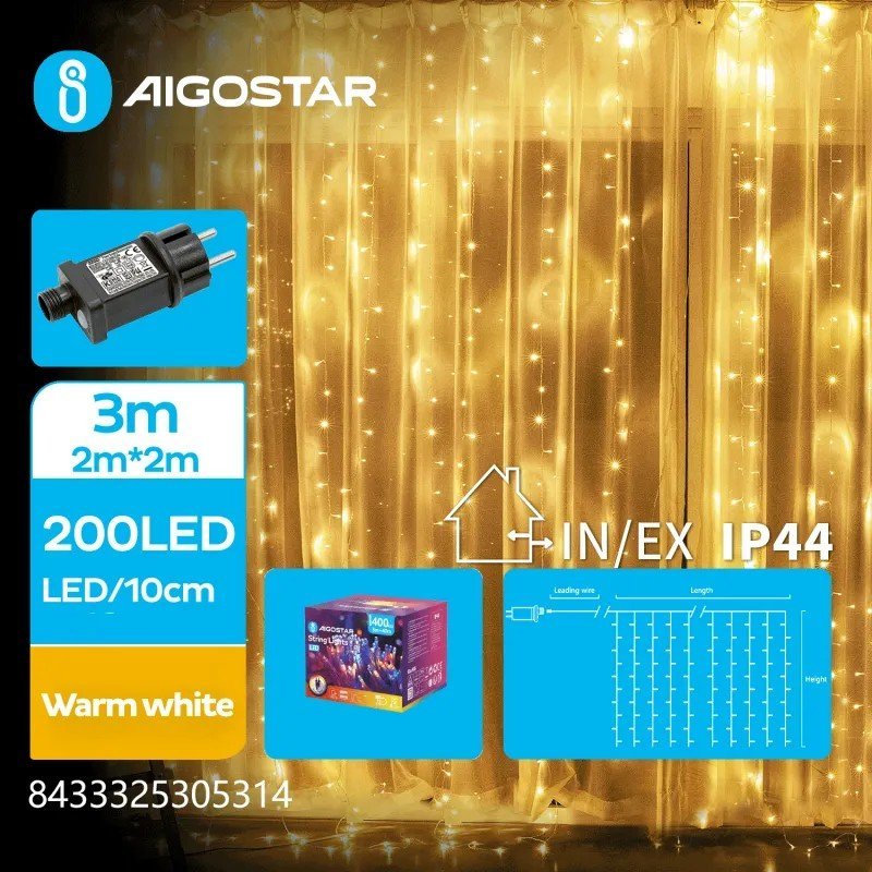 Lampki choinkowe Aigostar Niskonapięciowe lampki choinkowe kurtyna Ciepła biel, 2m Niskonapięciowa płaska taśma świetlna kurtynowa, Ciepła biel, 2m
