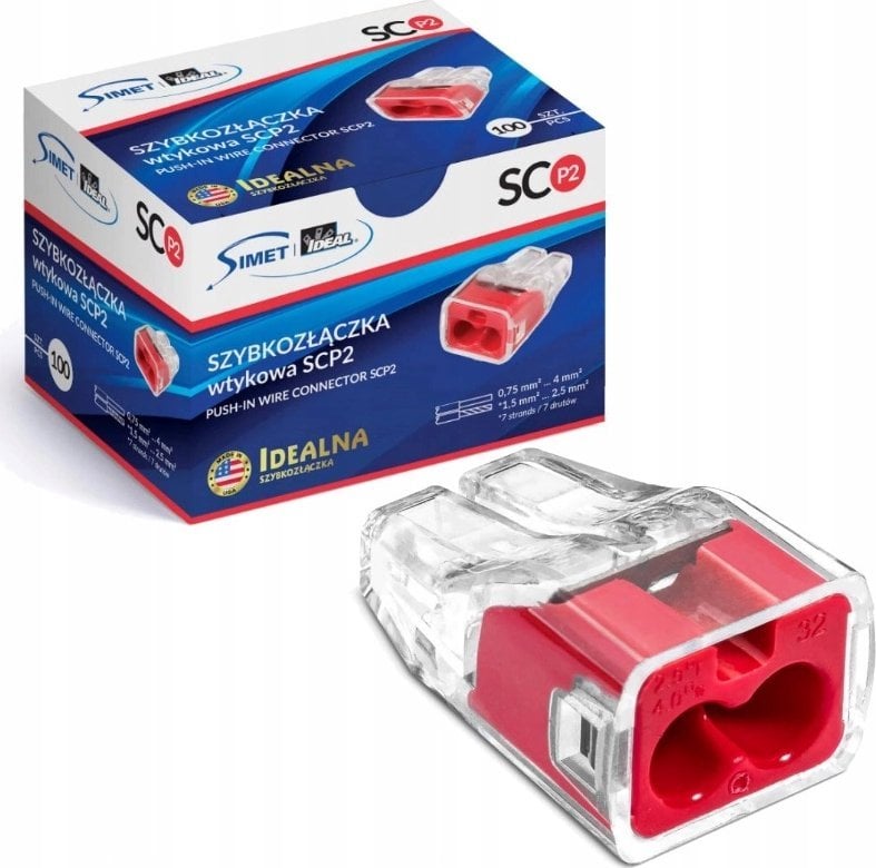 Simet Szybkozłączka wciskana do drutów 2x 0,75-4mm2 32A 1opak.=10szt. Simet Ideal SCP2 B10 88001001 transparentna/czerwona