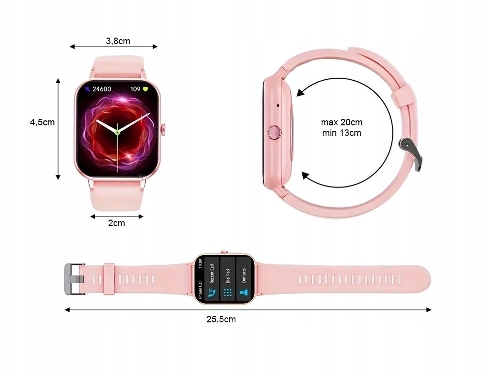 Smartwatch zegarek damski męski gumowy pasek sport bluetooth rozmowy różowy