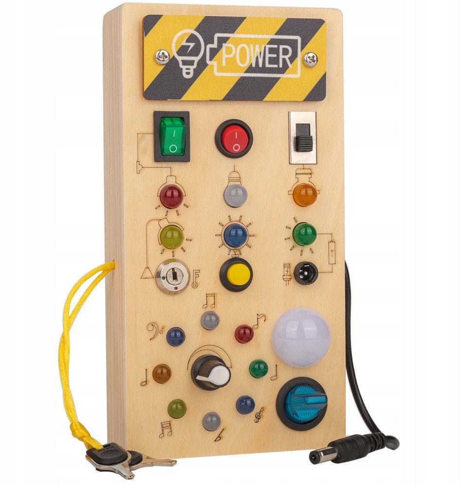 Tablica MONTESSORI Sensoryczna DREWNIANA Manipulacyjna LED Przełączniki