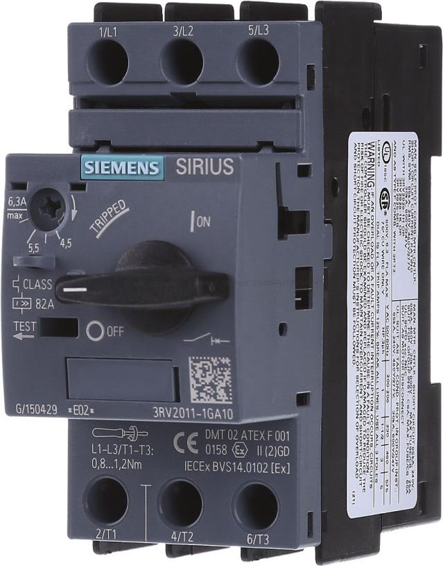 Siemens Wyłącznik silnikowy 3P 2,2kW 4,5-6,3A S00 (3RV2011-1GA10)