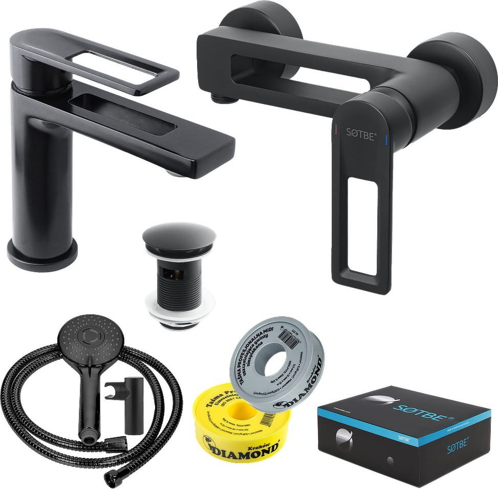 Sotbe SOTBE LOFT SVART Bateria prysznicowa + umywalkowa stojąca z korkiem klik klak CZARNY ZESTAW