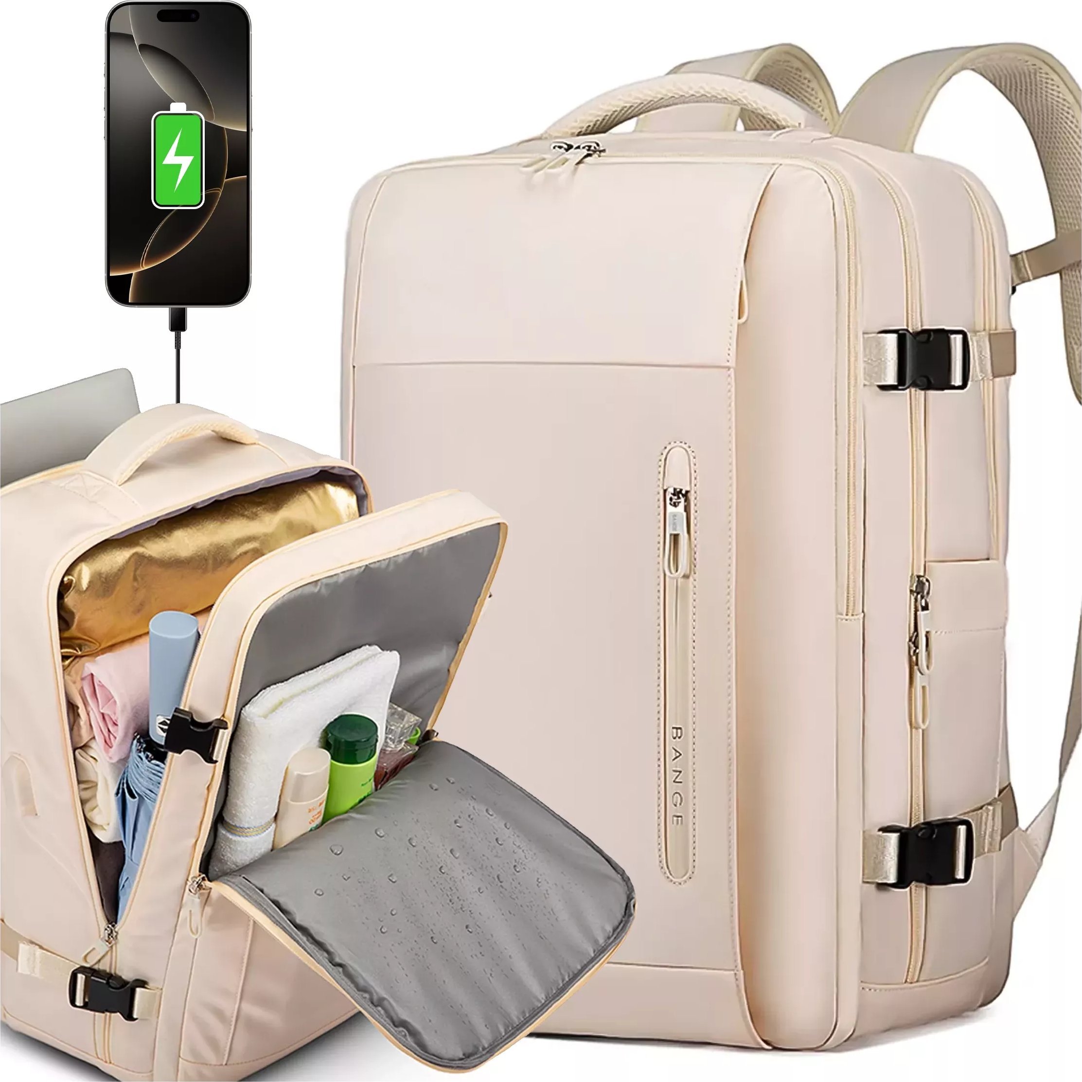 Plecak wodoodporny Bange na laptopa 15.6" miejski podróżny 46x31.5x20 cm do pracy samolotu męski damski z z gniazdem USB Beżowy