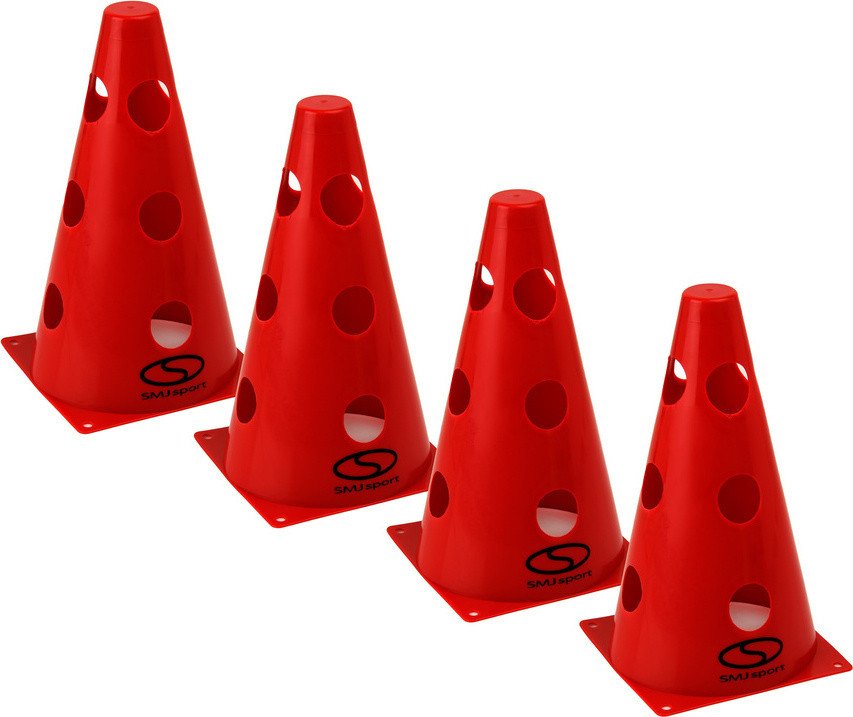 Zestaw pachołków treningowych 4 szt. - 23 cm czerwone / PT4-12WH-RZestaw 4 pachołków SMJ sport 23 cm z 12 otworami bocznymi. Wytrzymałe, lekkie i funk