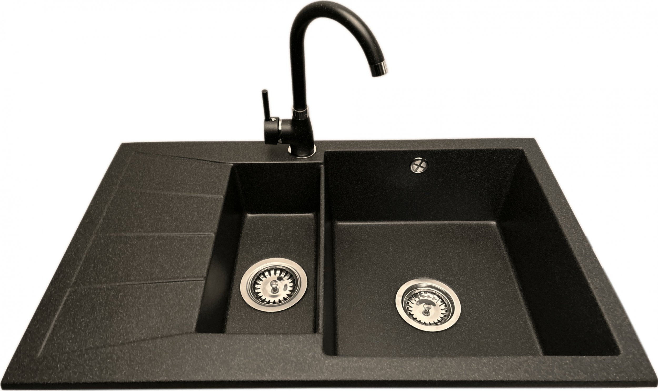 Zlewozmywak PREHNIT Zlewozmywak 1,5 komorowy z ociekaczem MILOS grafit z lewym ociekaczem + bateria NOON