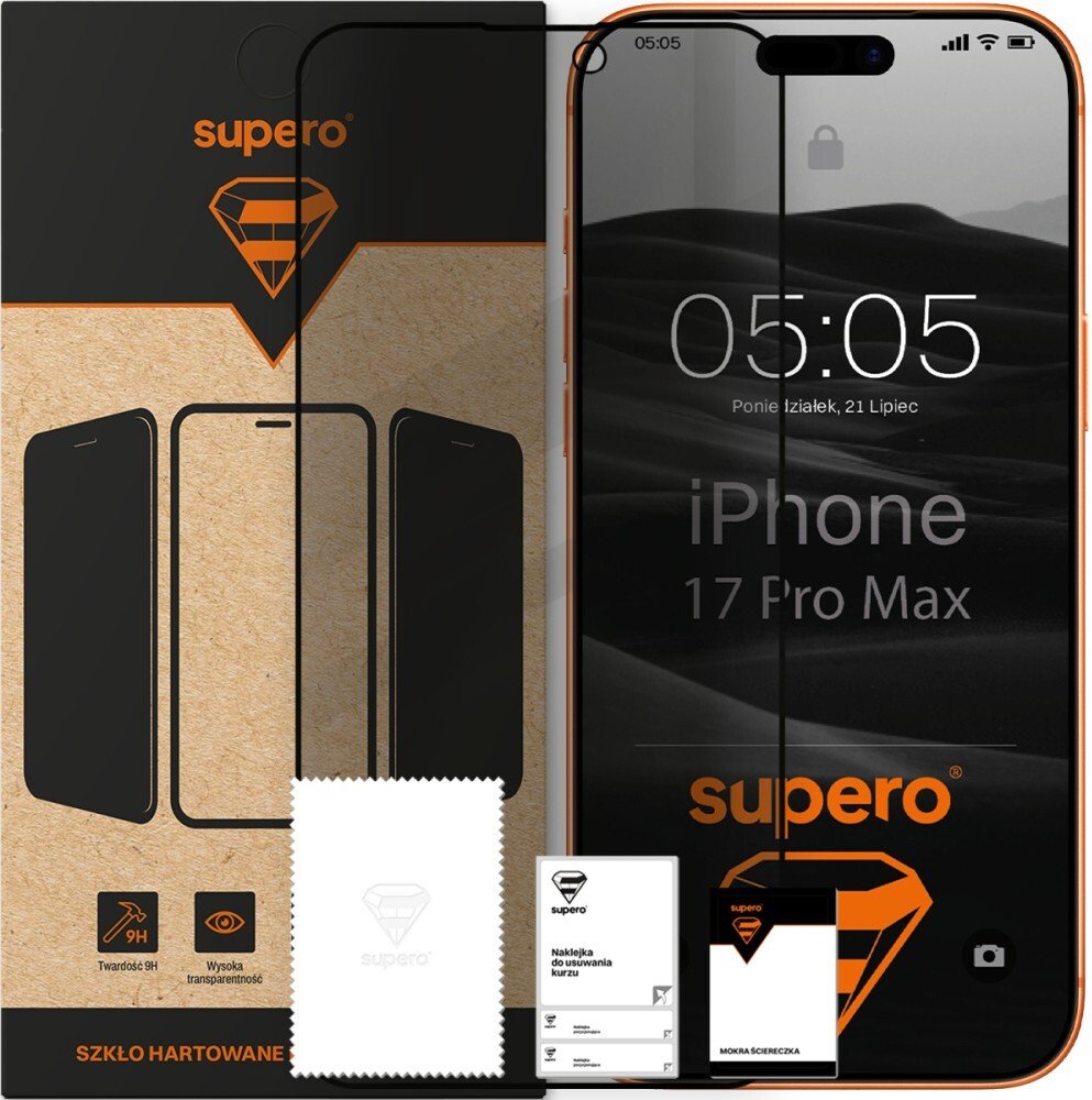SUPERO Szkło hartowane do iPhone 17 Pro Max prywatności z czarną ramką