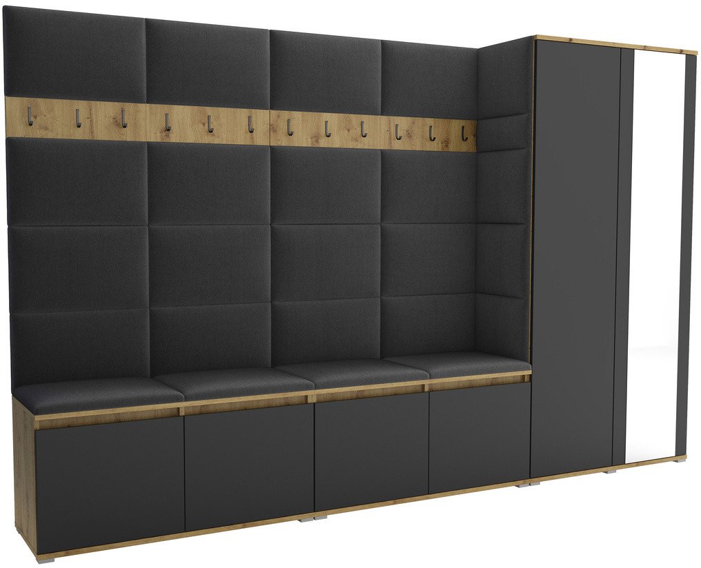 Tapicerowana garderoba Noris V z lustrem - kolor artisan z czarnym frontem + tkanina Trinity 15