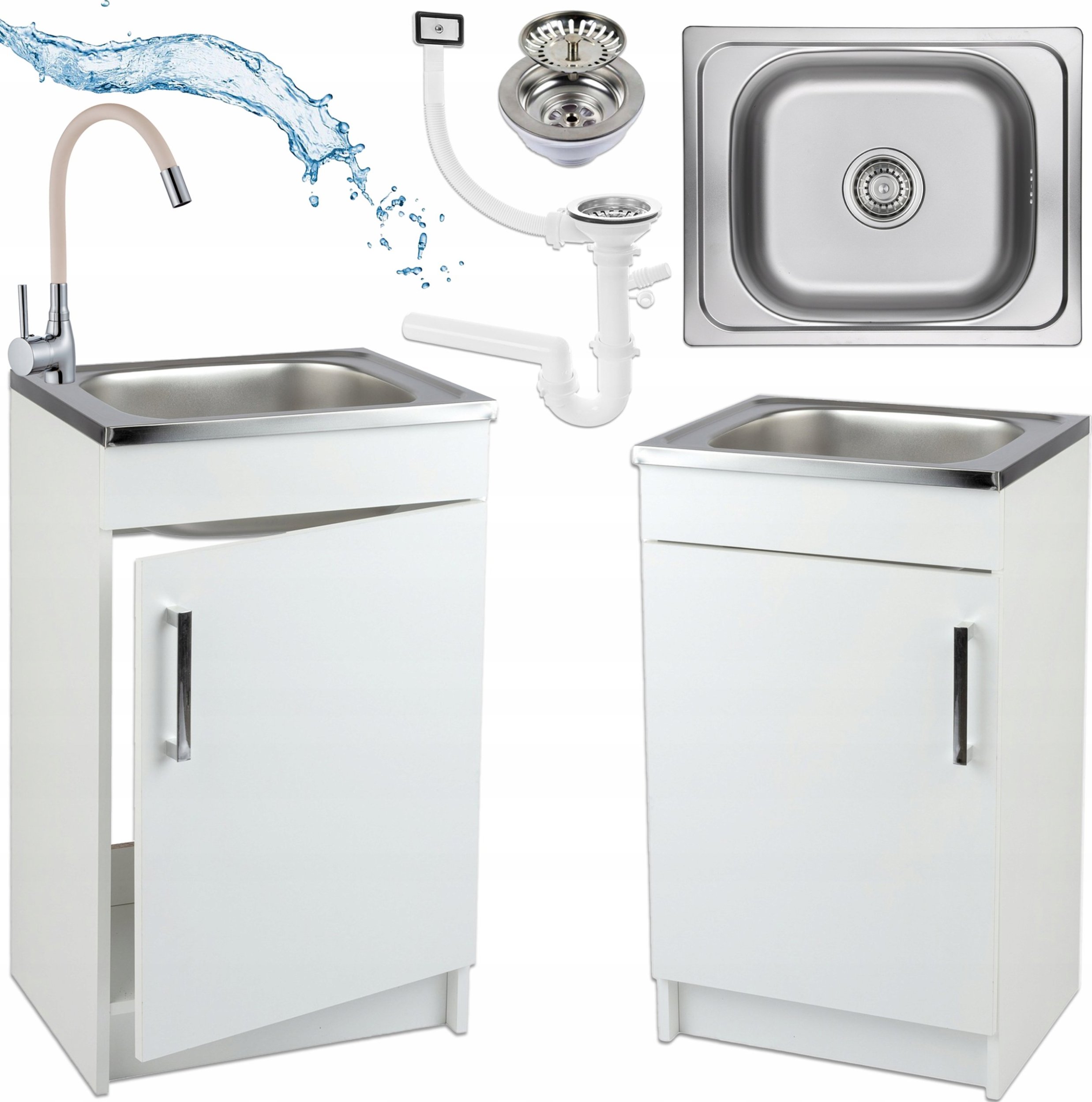 Szafka Kuchenna Biała + Zlewozmywak 50 x 40 + Bateria Beż Elastyczna Syfon