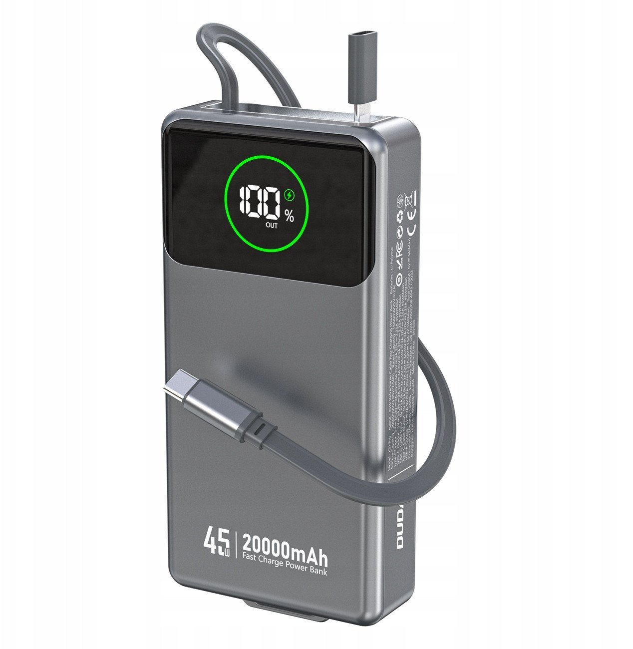 Powerbank Dudao K31 Pro 45W 20000mAh z wbudowanym zwijanym kablem USB-C - szary