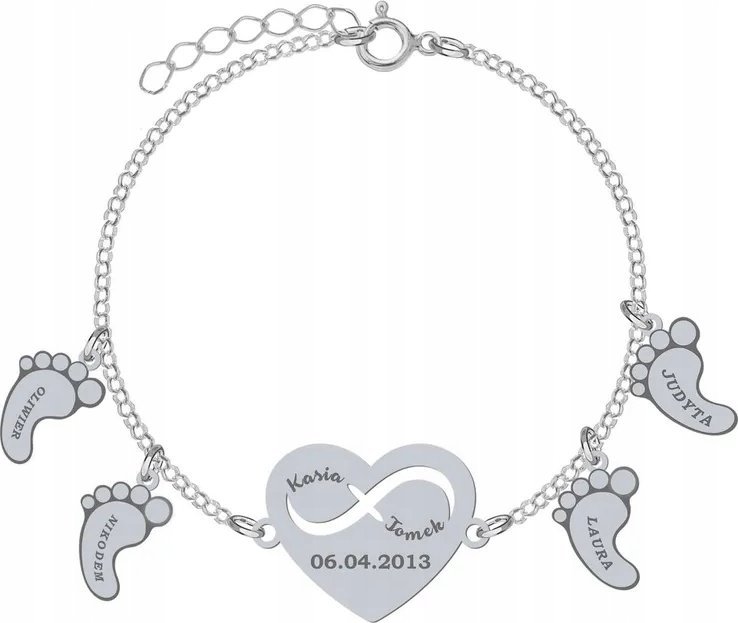 Radziszewska Jewellery BRANSOLETKA SREBRNA SERCE STÓPKI Z GRAWEREM ŁAŃCUSZEK PREZENT DEDYKACJA