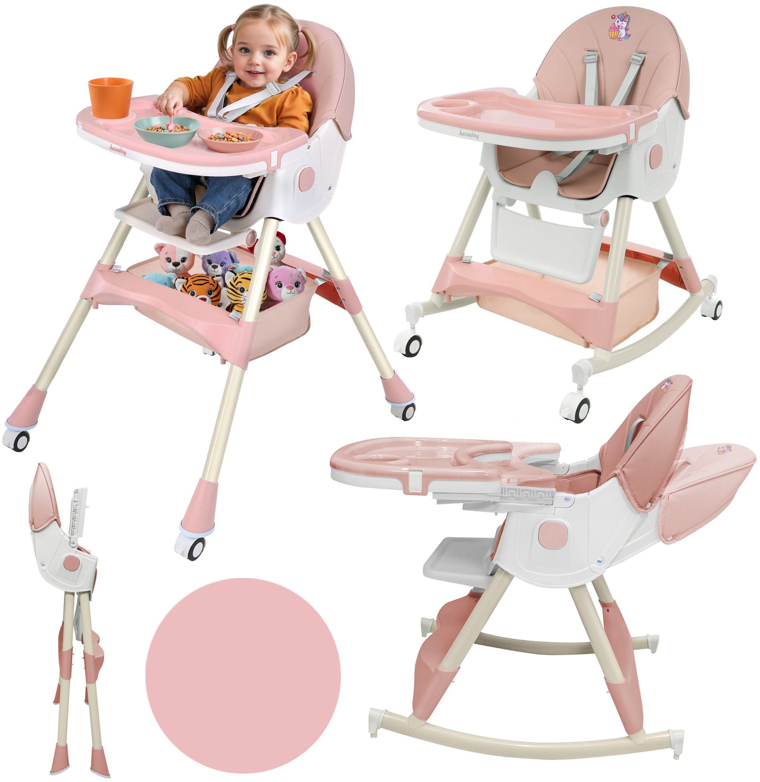 DZIECIĘCE KRZESEŁKO DO KARMIENIA BUJACZEK CIASTEK 6W1 RÓŻOWE