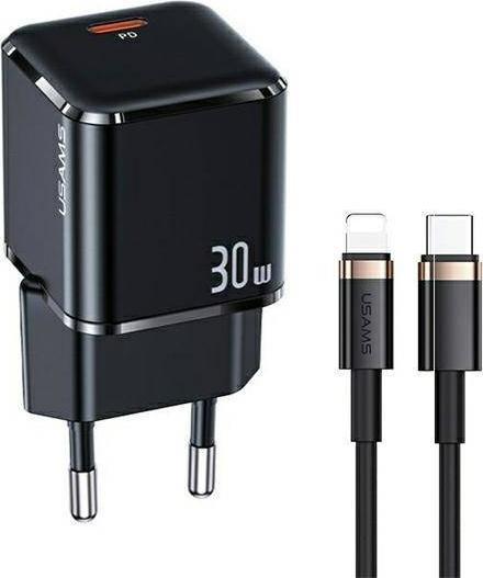 Ładowarka Usams USAMS Ład. siec. USB-C T45 30W PD3.0 +QC3.0 Fast Charging +kabel U63 USB-C/Lightning czarny/black UXTZH01 (USAMS-UX)