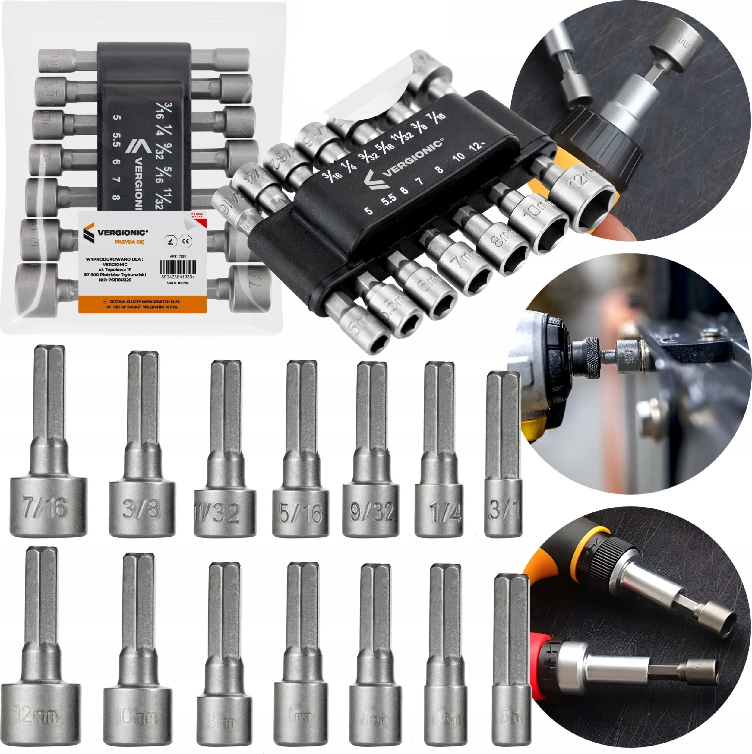 VERGIONIC ZESTAW KLUCZY NASADOWYCH NASADKI BITY WKRĘTAKI WIERTARKI 14 el. VERGIONIC