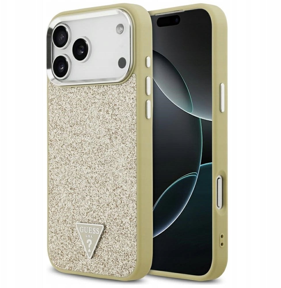 Etui Guess Glitter Triangle Logo MagSafe do iPhone 17 Pro Max złoty
